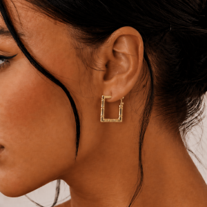 luxury gold tone organic square hoop earrings for women | bamboo inspired geometric statement jewelry