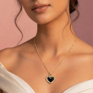gold heart pendant necklace with black stone | elegant minimal heart charm necklace for women